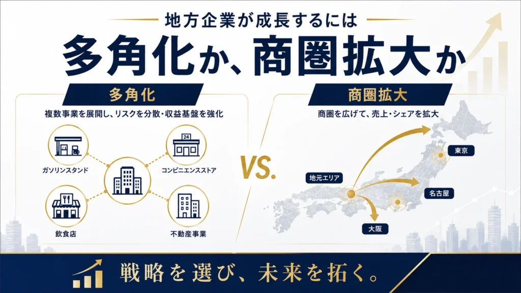 地方企業の成長戦略として、多角化と商圏拡大を比較した図解