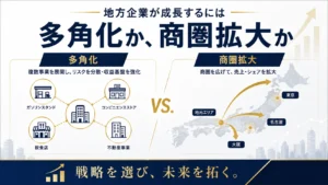 地方企業の成長戦略として、多角化と商圏拡大を比較した図解